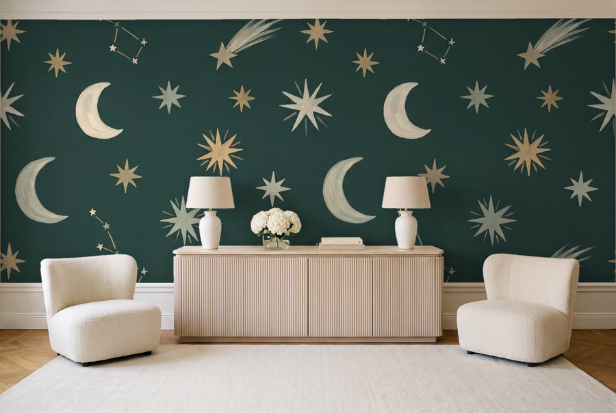 Emerald Stars Celestial Mural on a wall