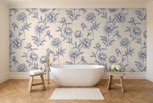 Blue And White Peony Floral Mural