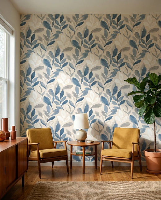 Blue-and-grey Leaf Botanical Mural
