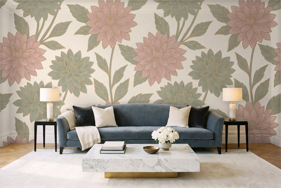 Green And Pink Dahlia Floral Mural on a wall