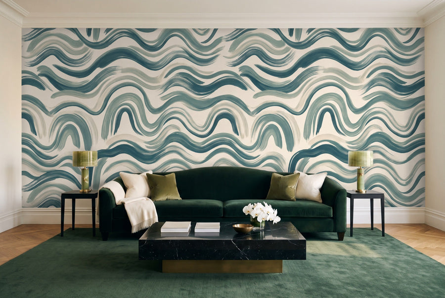 Teal Wave Abstract Mural on a wall