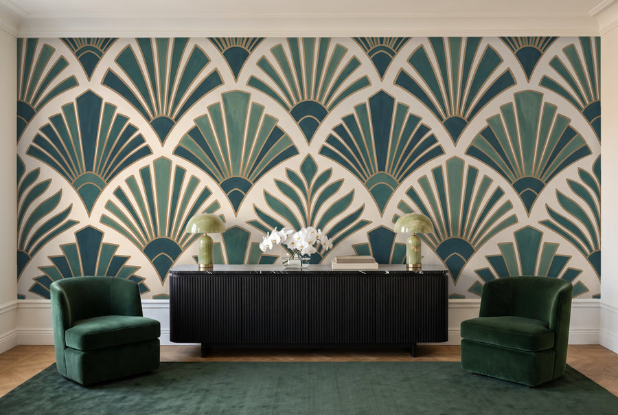 Teal Art Deco Mural on a wall
