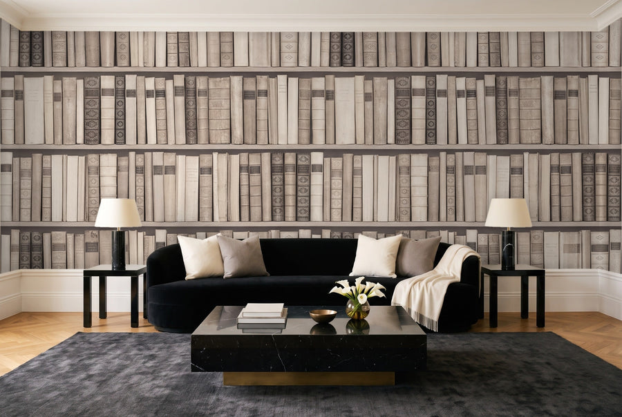 Cream Bookshelf Library Mural on a wall