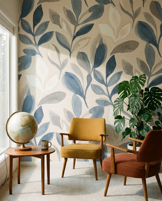 Blue-and-grey Leaf Botanical Mural