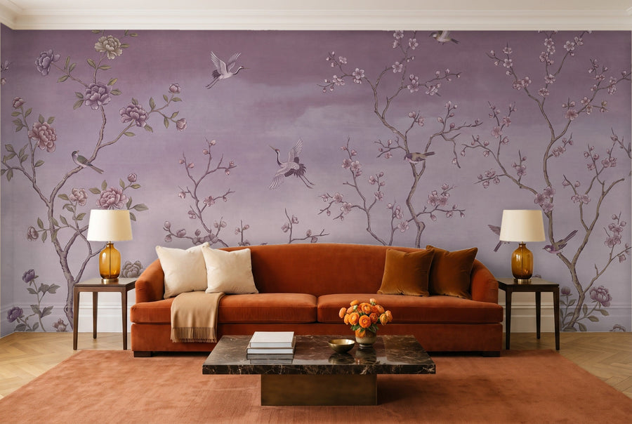 Purple Chinoiserie Garden Chinoiserie Mural on a wall