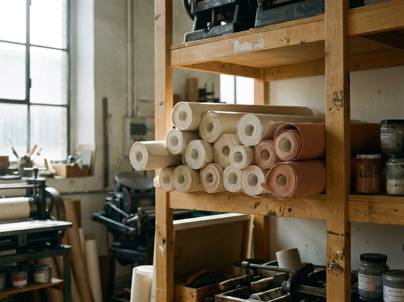 Rolls of premium wallpaper in a European atelier