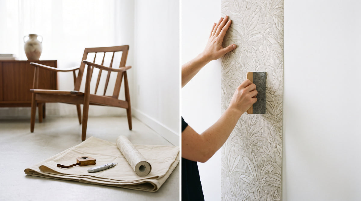 A person's hands using a squeegee to apply a large panel of peel and stick wallpaper to a wall, with installation tools nearby.
