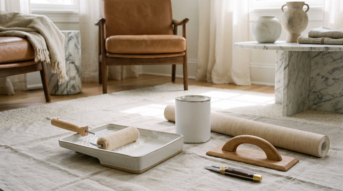 A collection of tools for painting over wallpaper, including a paint roller, primer, and a knife.