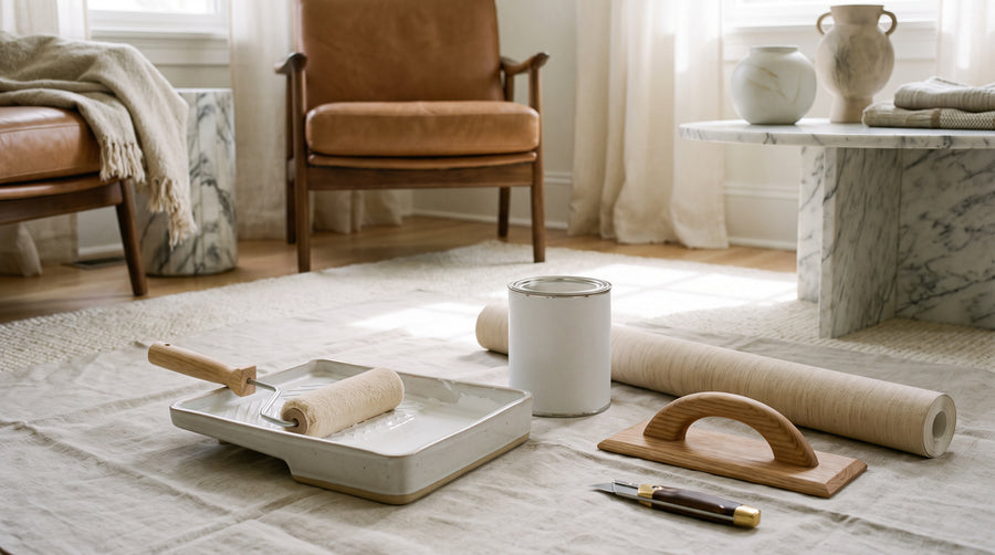A collection of tools for painting over wallpaper, including a paint roller, primer, and a knife.