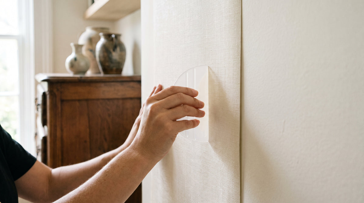 A decorator uses a smoothing tool to apply a wallpaper panel, ensuring there are no air bubbles on the wall.