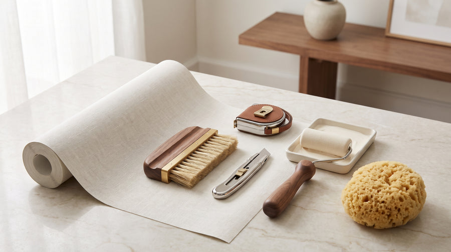 An overhead view of wallpapering equipment, including a wallpaper roll and primer, neatly arranged for wall preparation.
