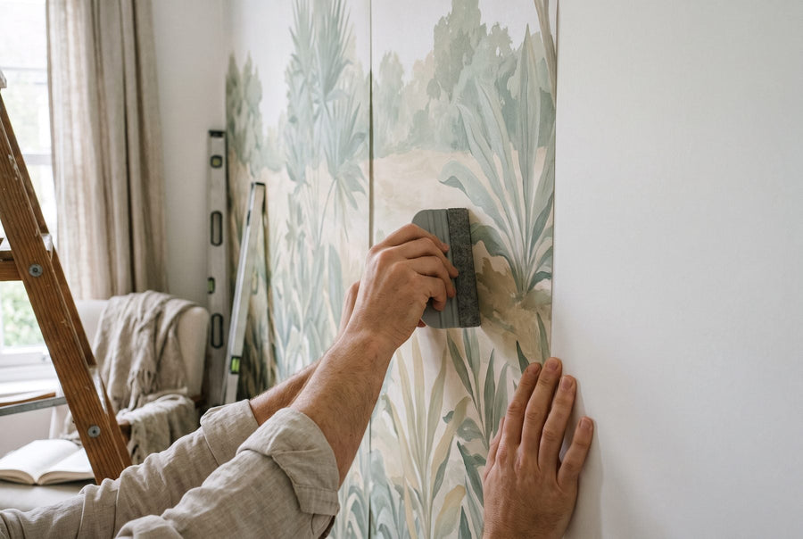 Smoothing a mural panel onto the wall with a felt edged tool