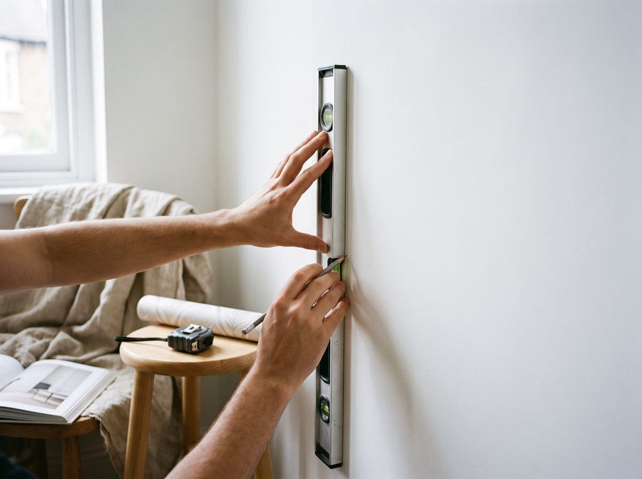 Drawing a vertical pencil line on a wall with a spirit level