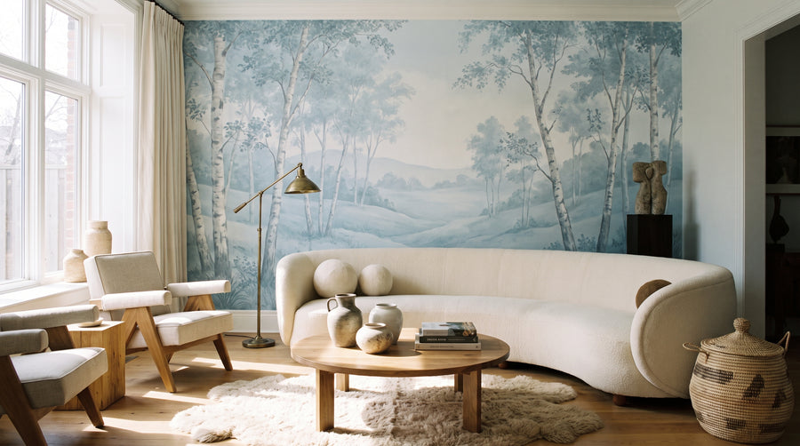 A contemporary living room with a neutral sofa and a full accent wall featuring the Stillwater, Mist forest mural.