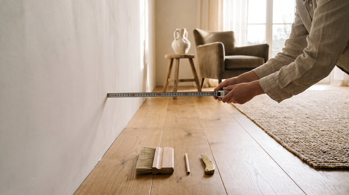 A person using a tape measure against a wall, with wallpapering tools laid out on the floor ready for the project.
