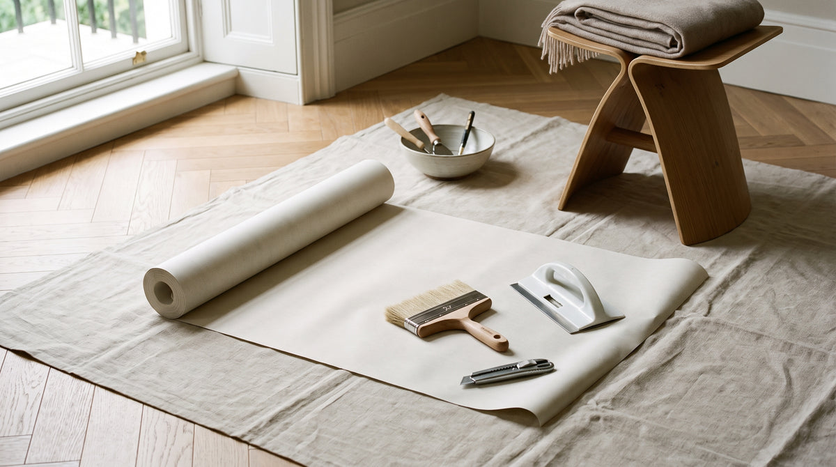 Essential tools for hanging lining paper, including a roll of paper, pasting brush, and smoother, laid out on a floor.