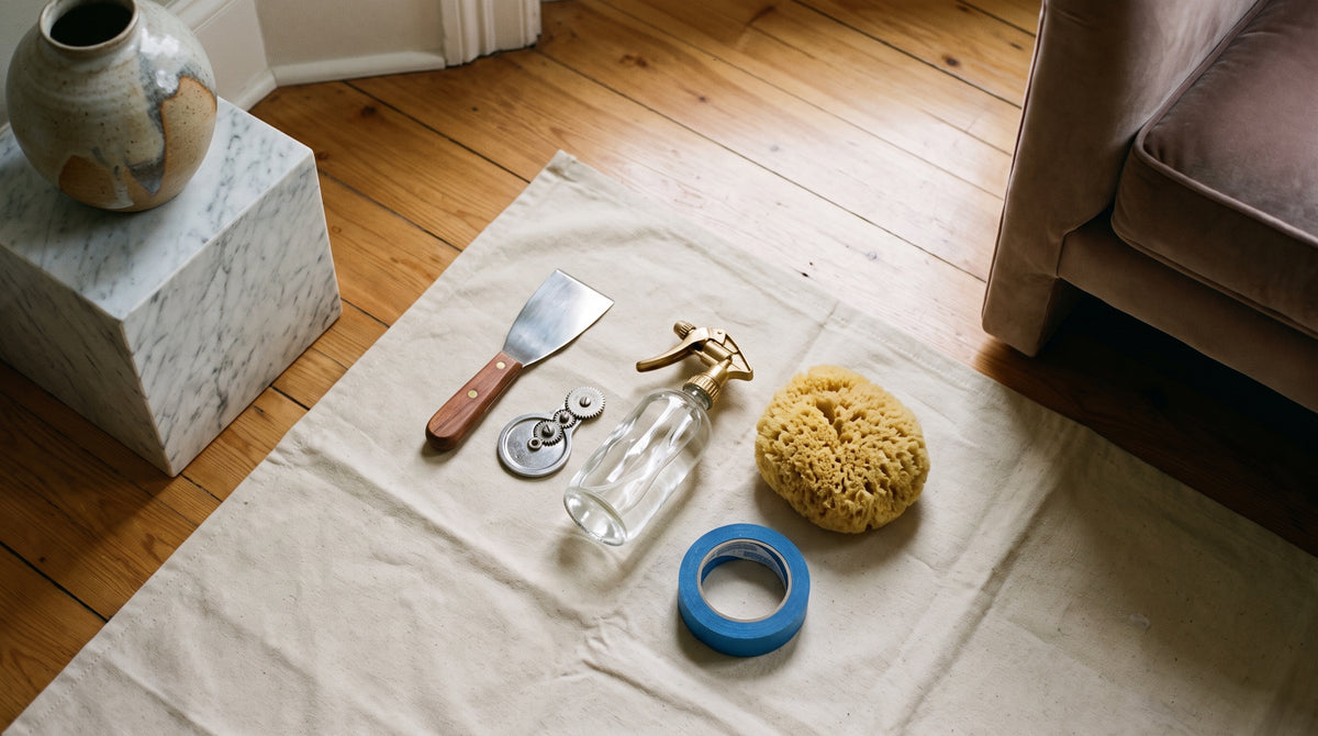 An organised collection of wallpaper removal tools including a scraper, scoring tool, and spray bottle on a protective floor sheet.