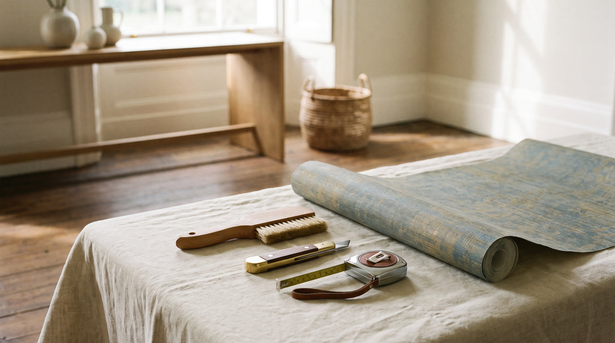 Top-down view of wallpapering tools including a knife and smoother next to a roll of wallpaper on a protective sheet.