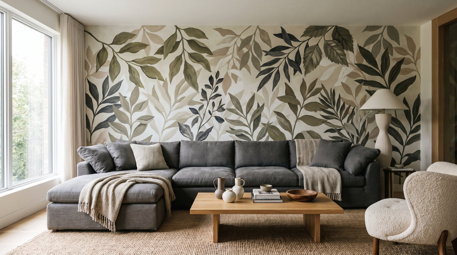 A living room with a feature wall behind a grey sofa, decorated with a made-to-measure green botanical wallpaper mural.