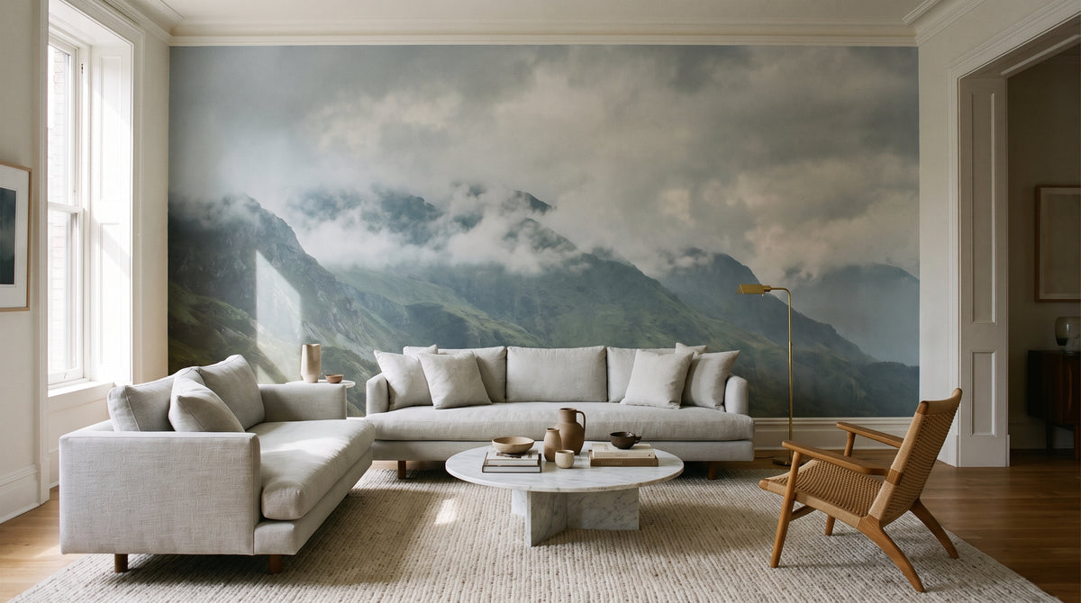 Living room with a panoramic wall mural of a mountain range, making the space feel larger and more open.
