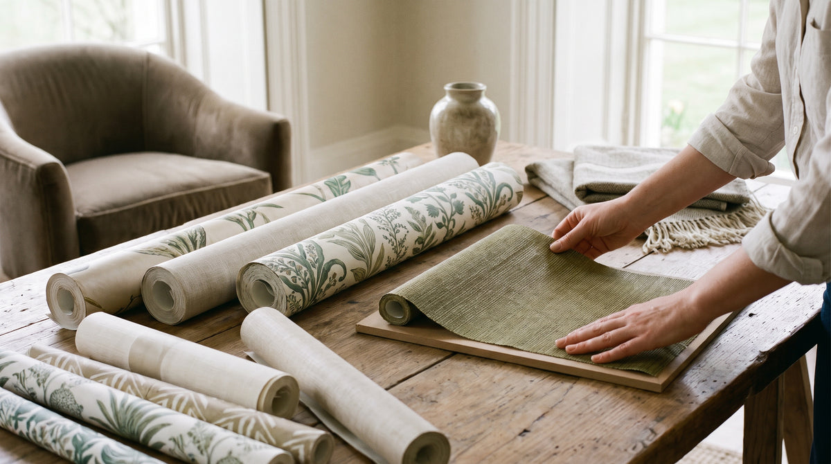 A flat lay of different types of wallpaper rolls and samples, with hands applying a peel and stick wallpaper sample.