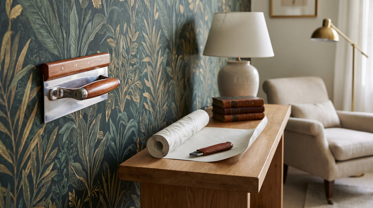 A person's hands using a smoothing tool to apply a large, leafy botanical wallpaper mural in a bathroom setting.