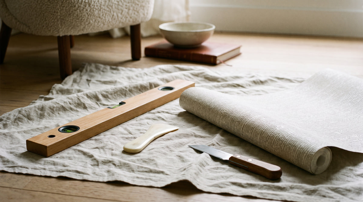 A collection of professional wallpaper installation tools including a level, smoother, and knife on a protective sheet.