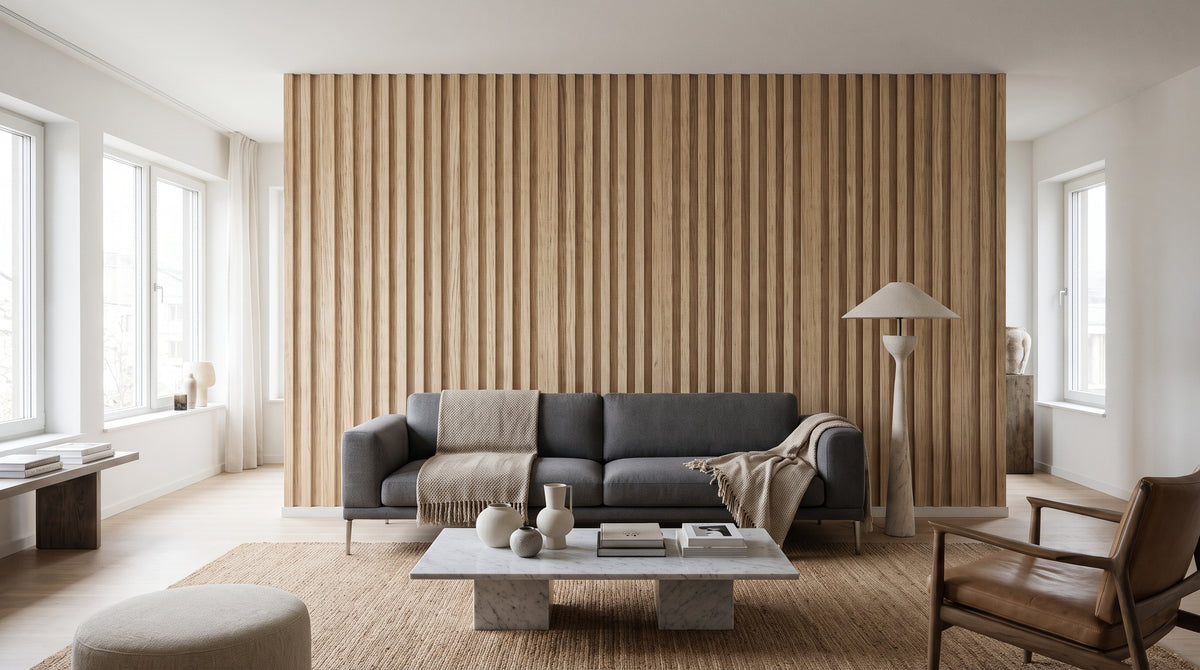 A living room with a comfortable grey sofa set against a feature wall with a realistic wood slat wallpaper mural.