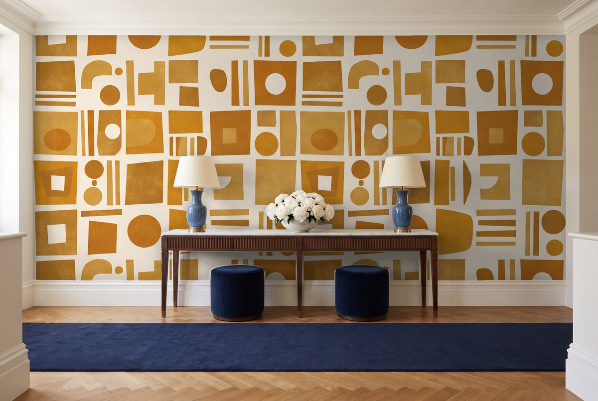 Ochre Grid Geometric Mural in an entryway