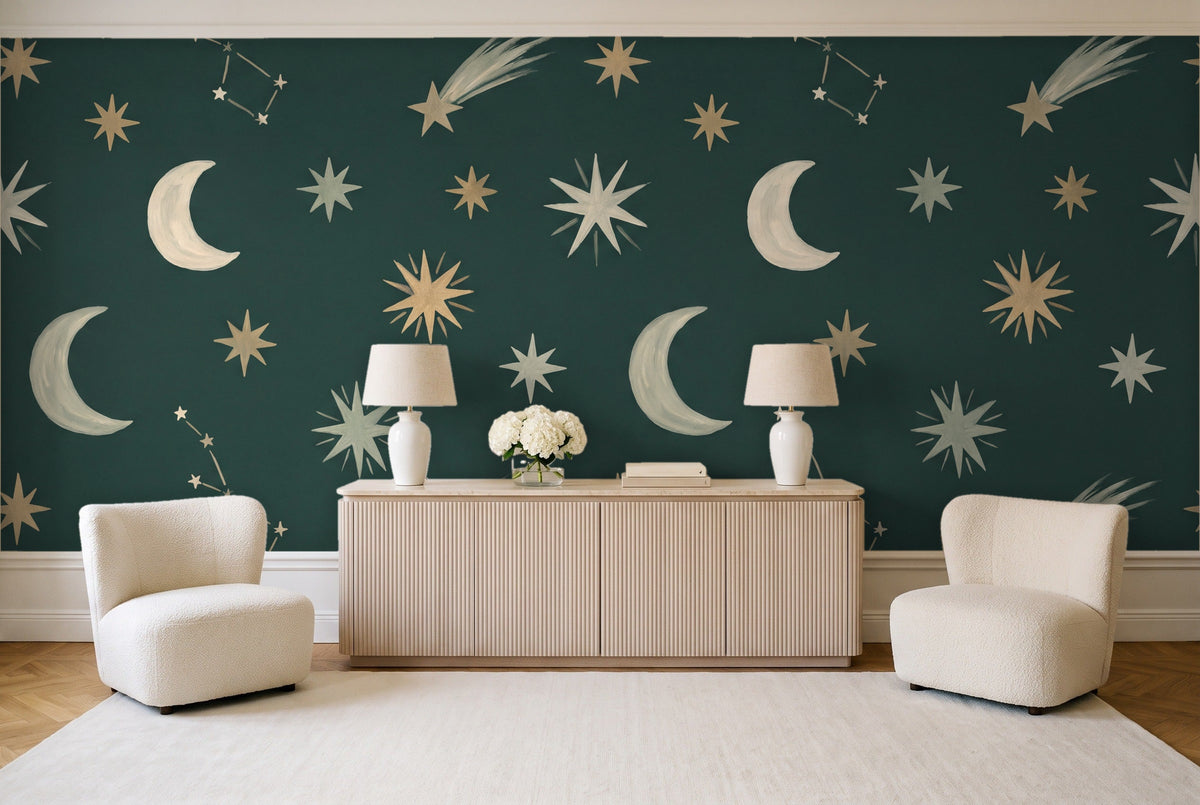 Emerald Stars Celestial Mural in a living room