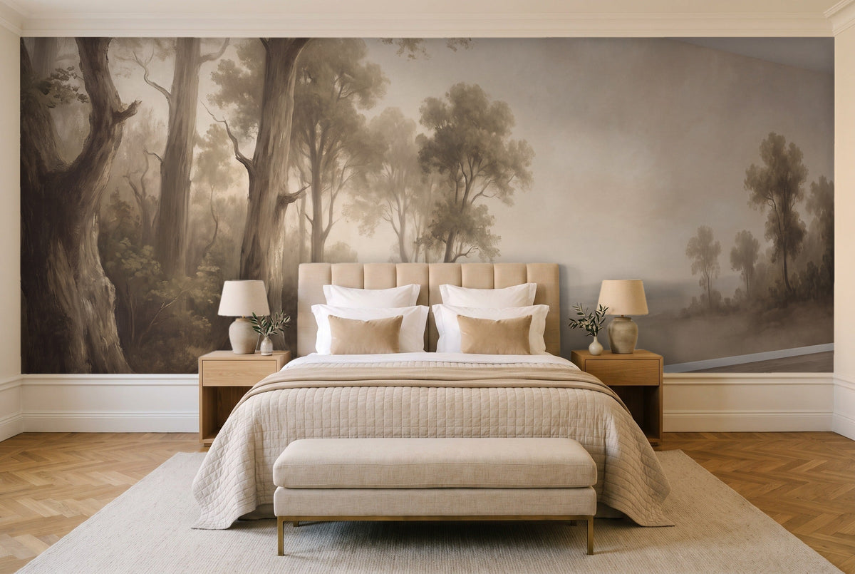 Beige Forest Landscape Mural in a bedroom