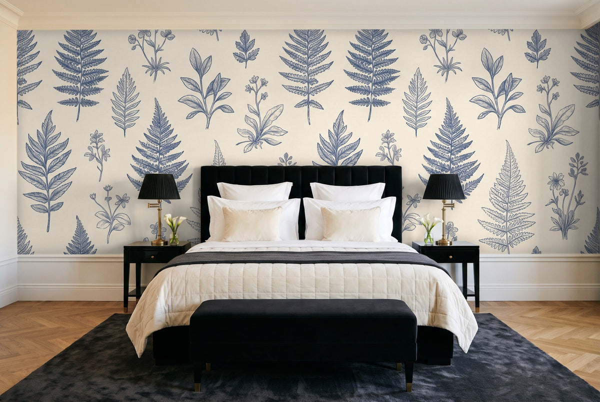 Blue And White Fern Botanical Mural in a bedroom