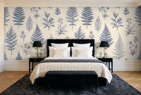 Blue And White Fern Botanical Mural in a bedroom