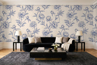 Blue And White Peony Floral Mural in a living room