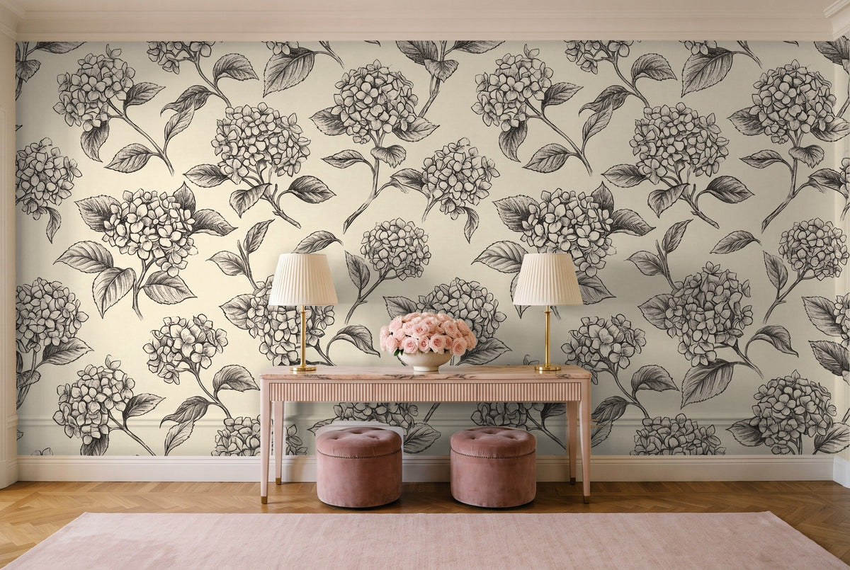 Black And White Hydrangea Floral Mural in an entryway
