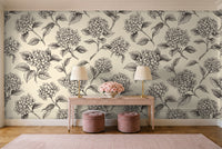 Black And White Hydrangea Floral Mural in an entryway