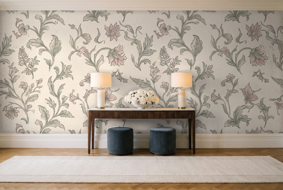 Green And Pink Leaf Botanical Mural in an entryway