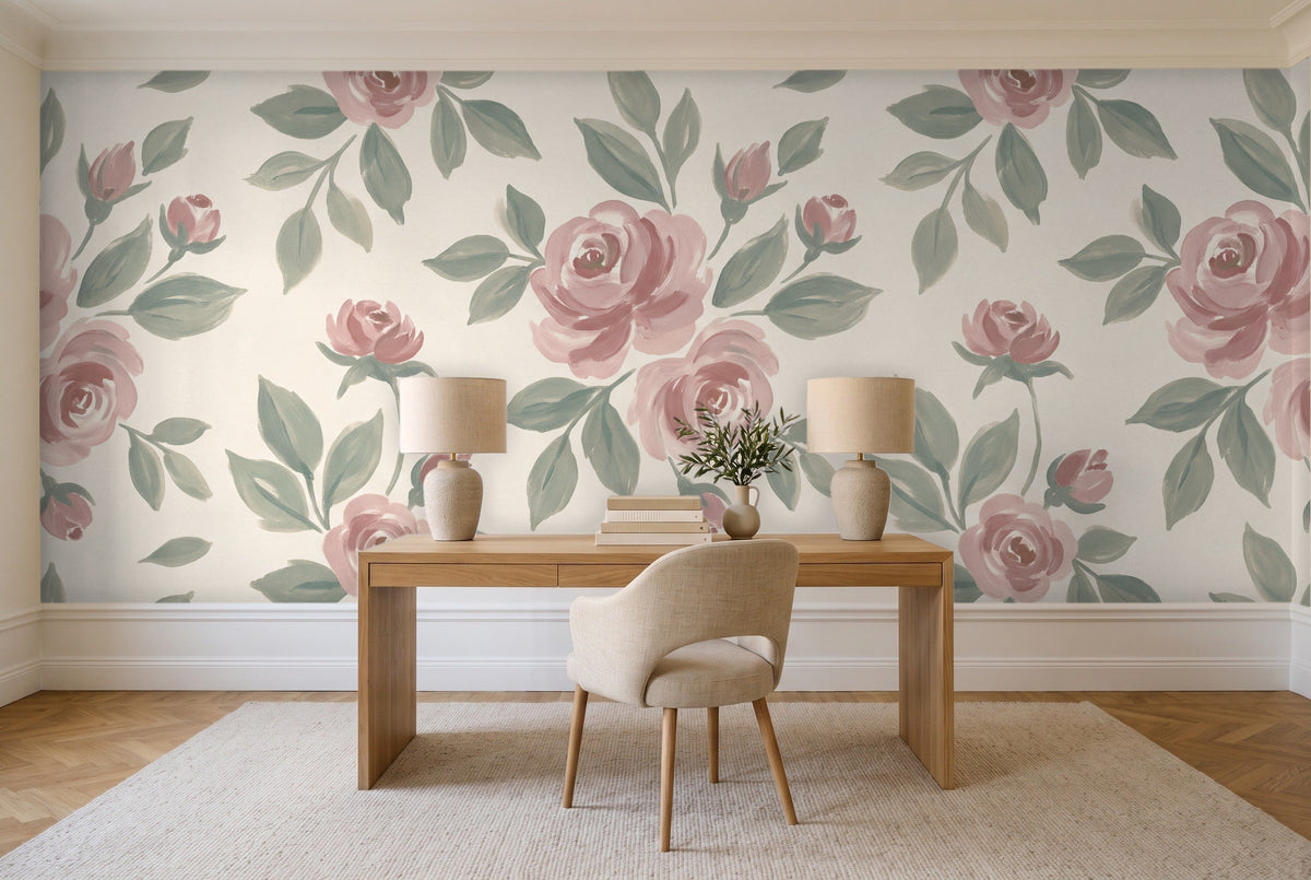 Green And Pink Rose Floral Mural in a home office