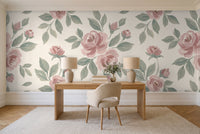 Green And Pink Rose Floral Mural in a home office