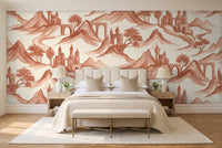 Terracotta Mountain Landscape Mural in a bedroom