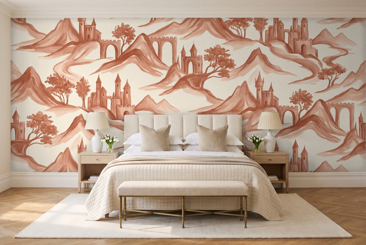 Terracotta Mountain Landscape Mural in a bedroom