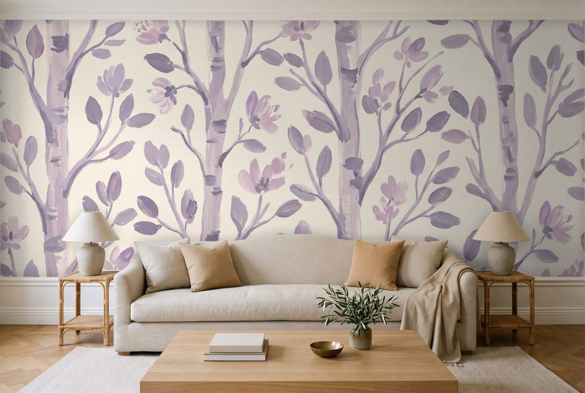 Lilac Birch Botanical Mural in a living room