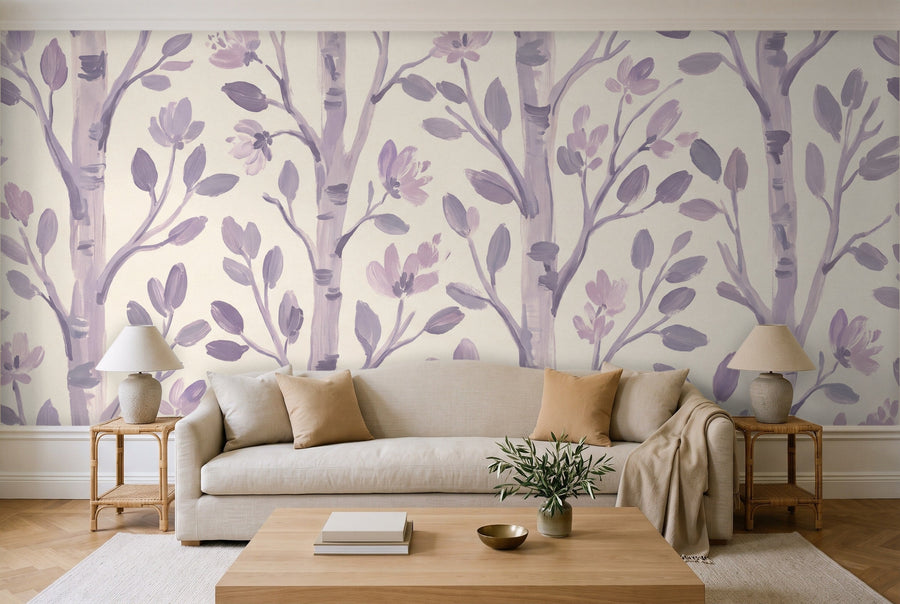 Lilac Birch Botanical Mural on a wall