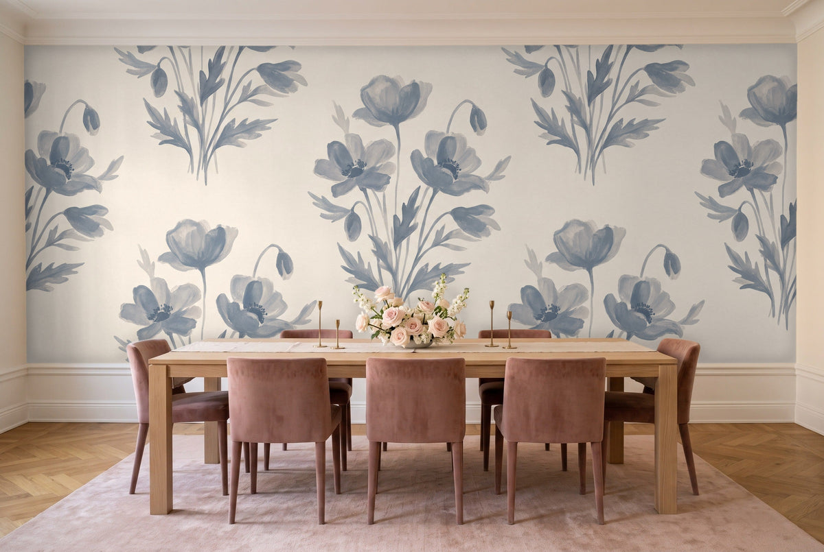 Blue And Grey Poppy Floral Mural in a dining room