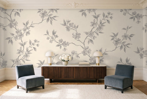 Grey Cherry Blossom Floral Mural