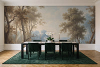 Light Blue Forest Landscape Mural in a dining room