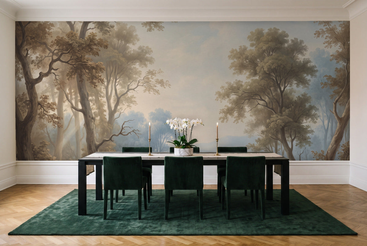 Light Blue Forest Landscape Mural in a dining room