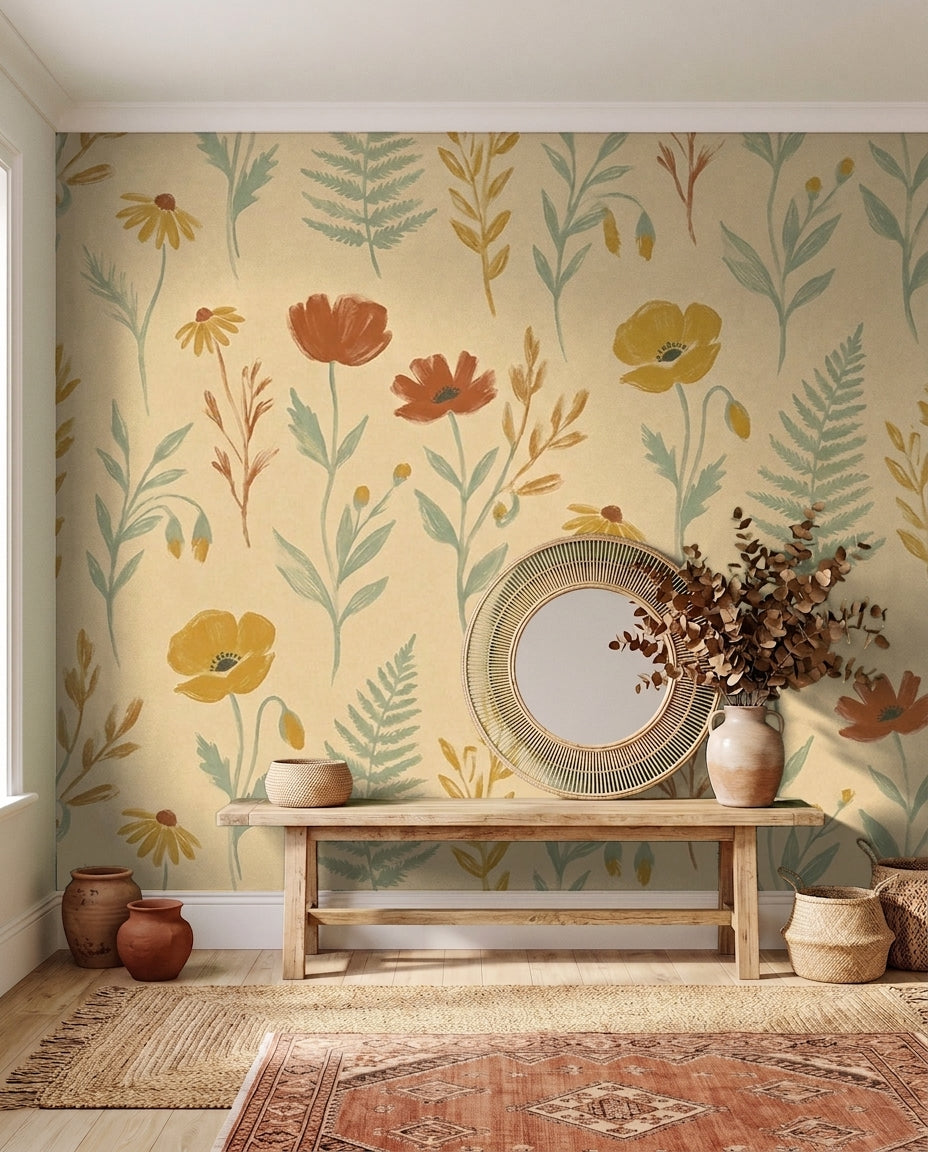 Mustard Wildflower Floral Mural in an interior