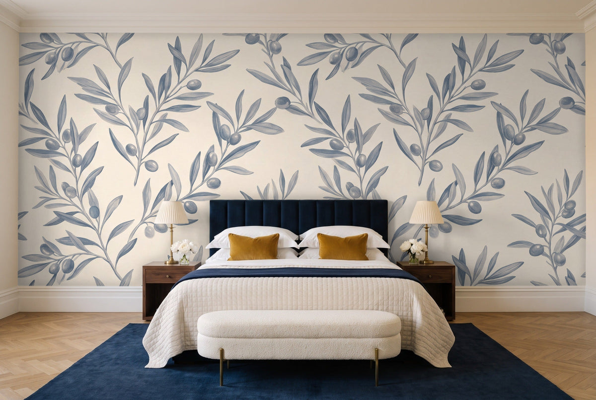 Blue And Grey Olive Branch Botanical Mural in a bedroom