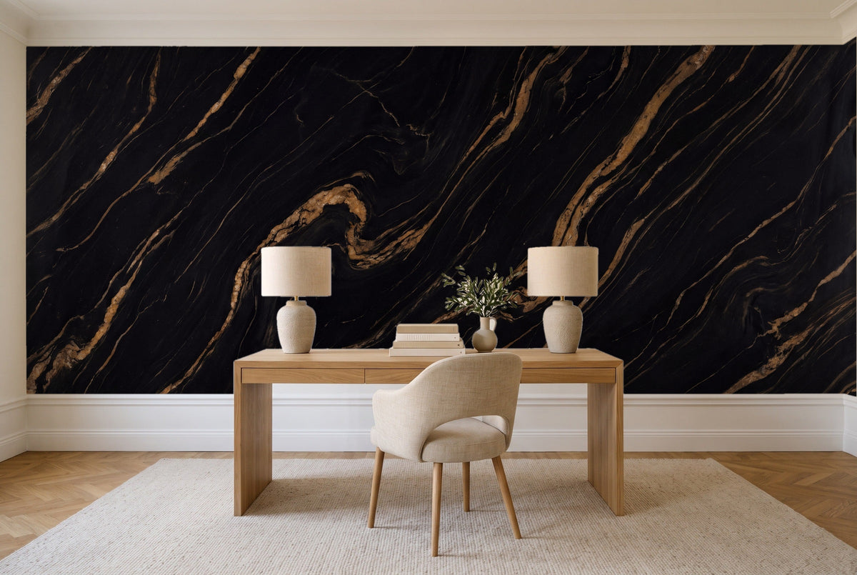 Black And Gold Marble Mural in a home office